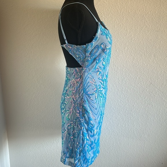 Blue Sequin Mini Dress Backless Size Medium - Picture 3 of 8